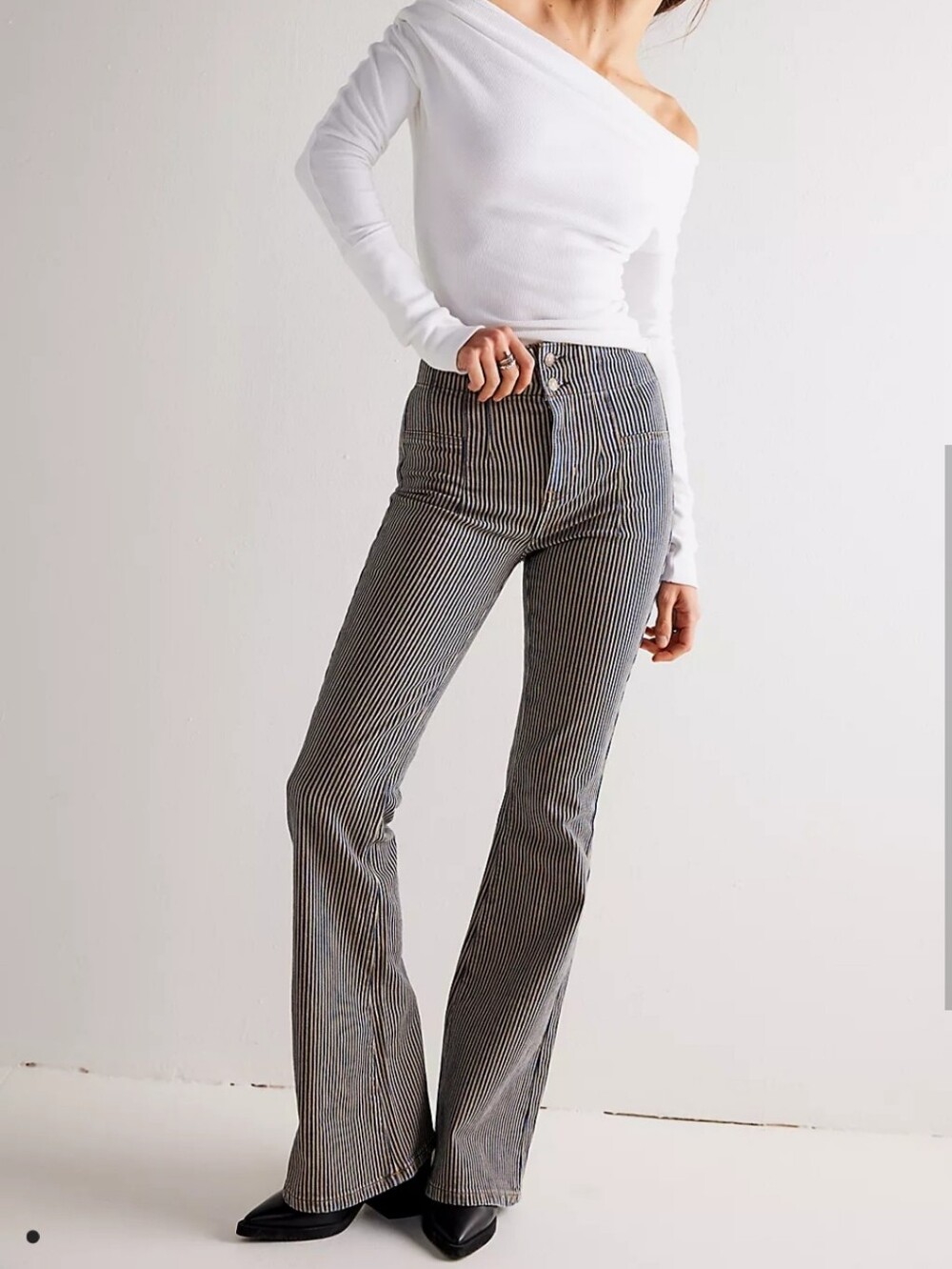 Free People Jayde Railroad Flare Striped High Rise Jean Strech Pant